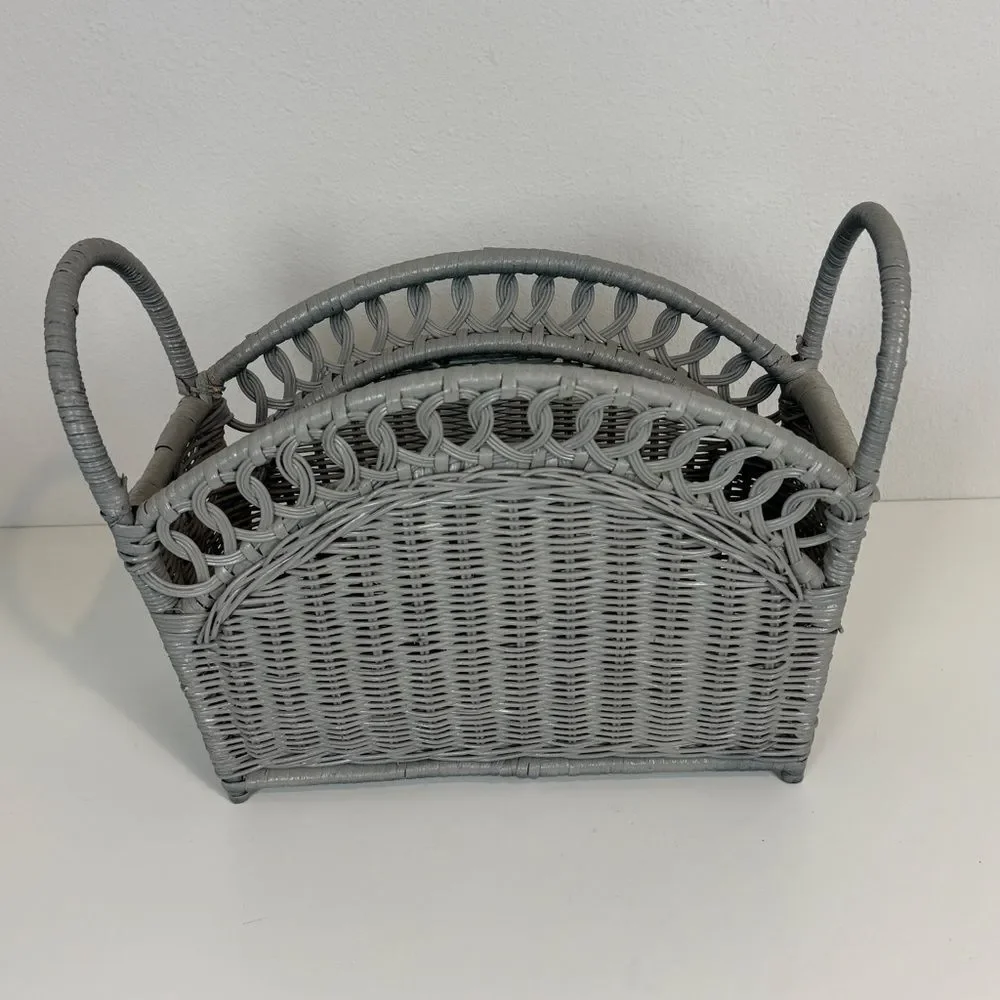Vintage Wicker Magazine Holder Painted Grey
